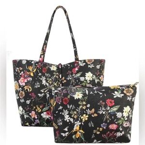 Floral Black Tote & Matching Pouch Set of 2 | Botanical Print Bag
